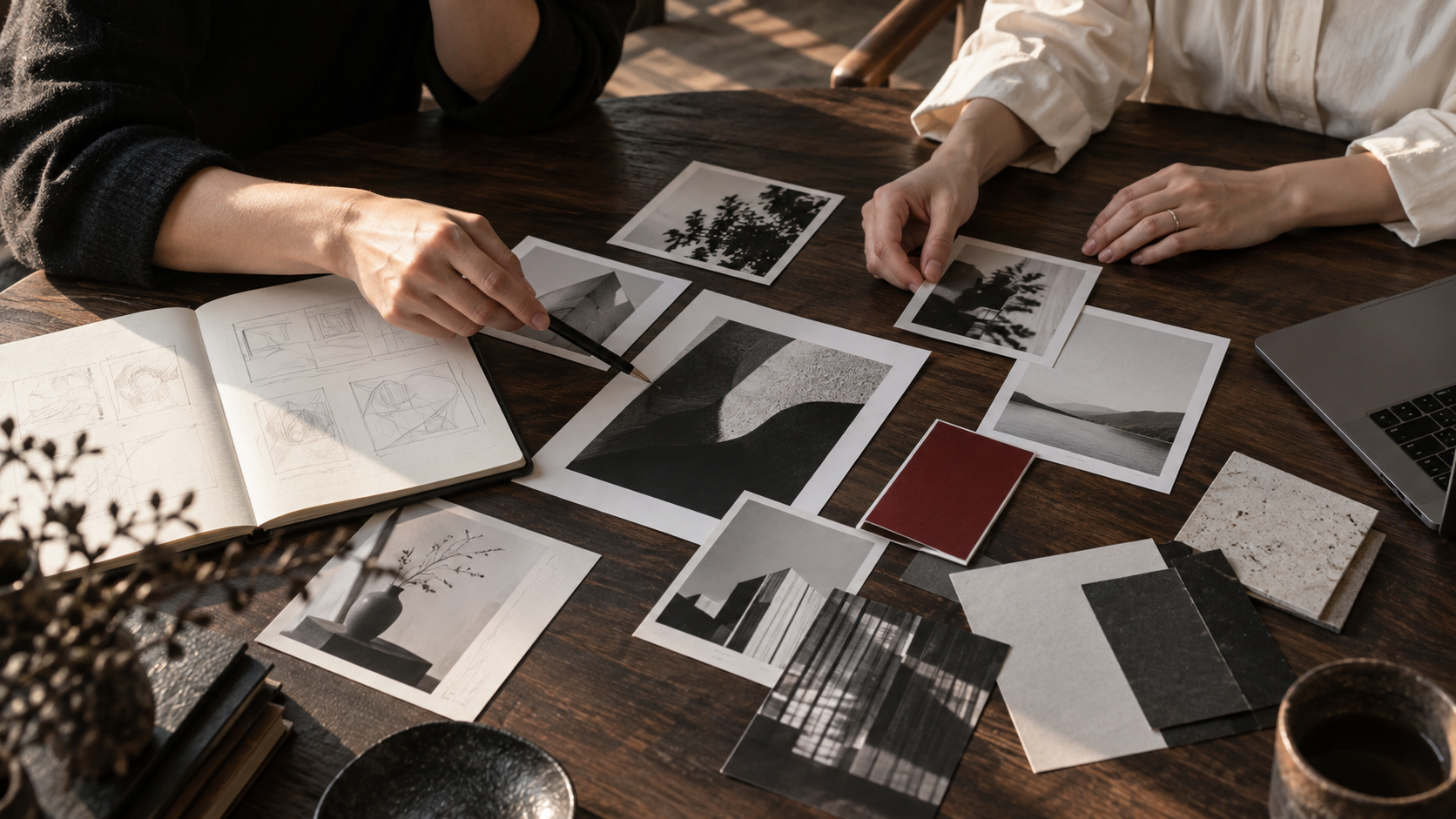 写真と色見本を机に並べ、ブランドの方向性を整理する手元（生成イメージ画像）